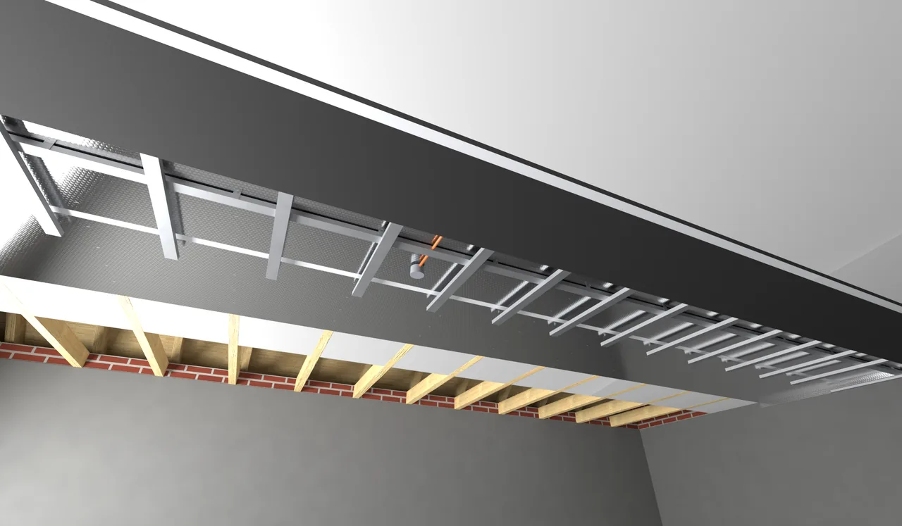 Rendering del soffitto a travi verso il sottotetto freddo, con gli strati del System 10 Basic