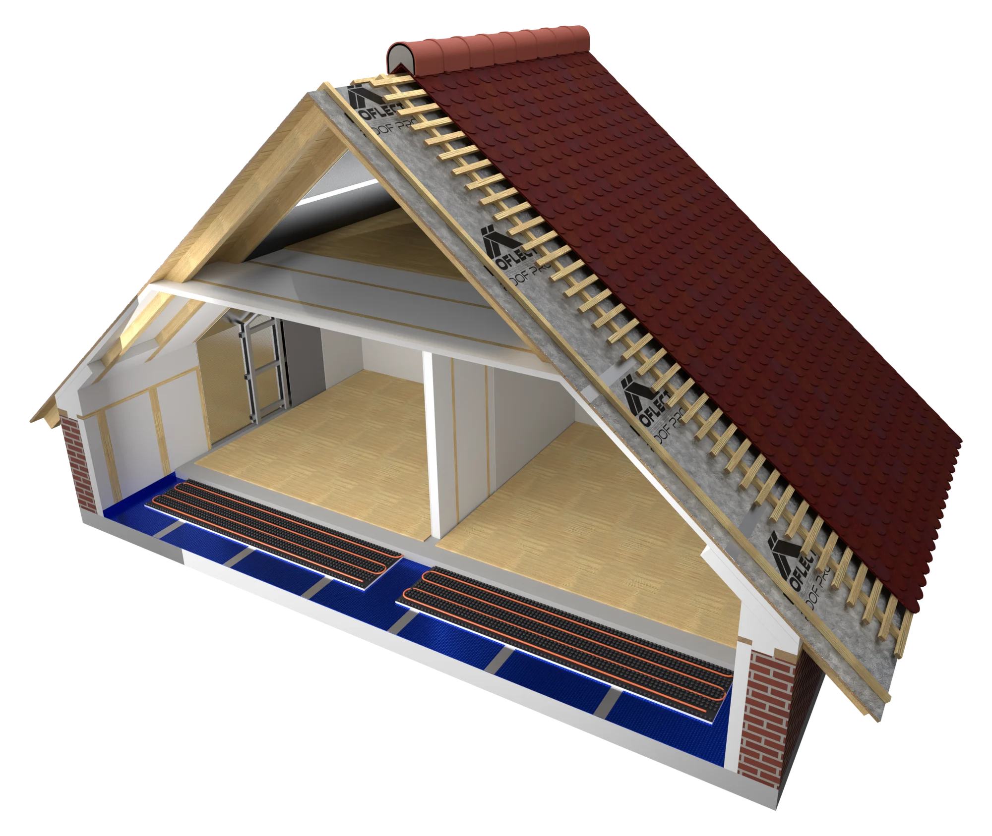 Sezione della casa: copertura, mansarda, sottotetto, pareti e pavimento isolati con Isoflect