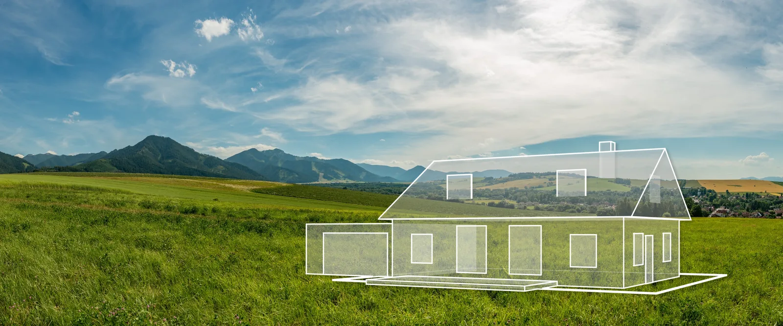Prato con montagne sullo sfondo, sul quale è disegnata una casa a linee bianche: la casa che Lei desidera