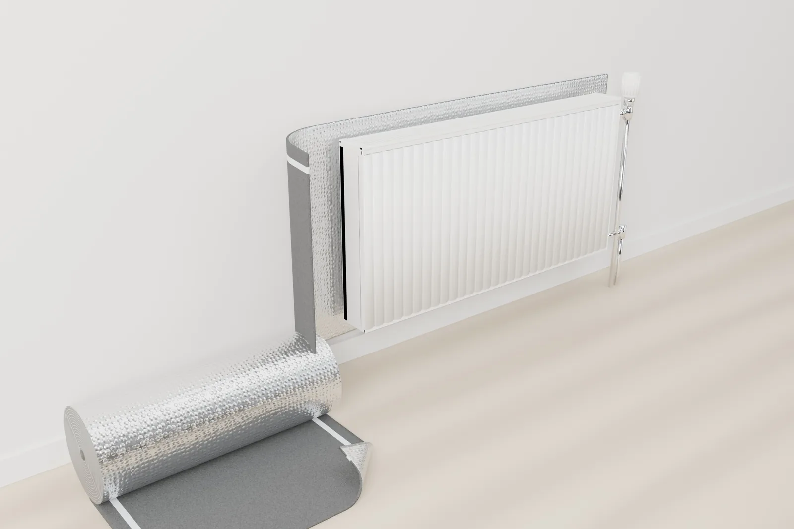 Installation: the Isoflect Recuperator membrane is bonded to the wall behind the radiator